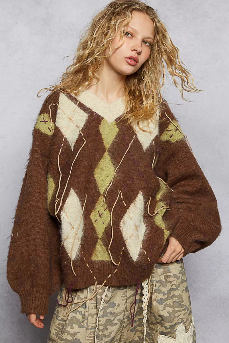 POL Sweater V-Neck Mocha Argyle Pattern Mohair with Contrast Exposed Stitch d6534d2f-51c3-4c90-b92d-4e84c4f7c8fa-Max-Origin Trendsi