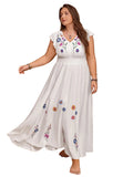 Plus Size V-Neck Cap Sleeve Maxi Dress with Embroidered Floral Design