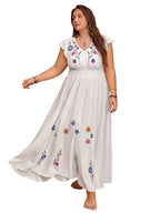 Plus Size V-Neck Cap Sleeve Maxi Dress with Embroidered Floral Design