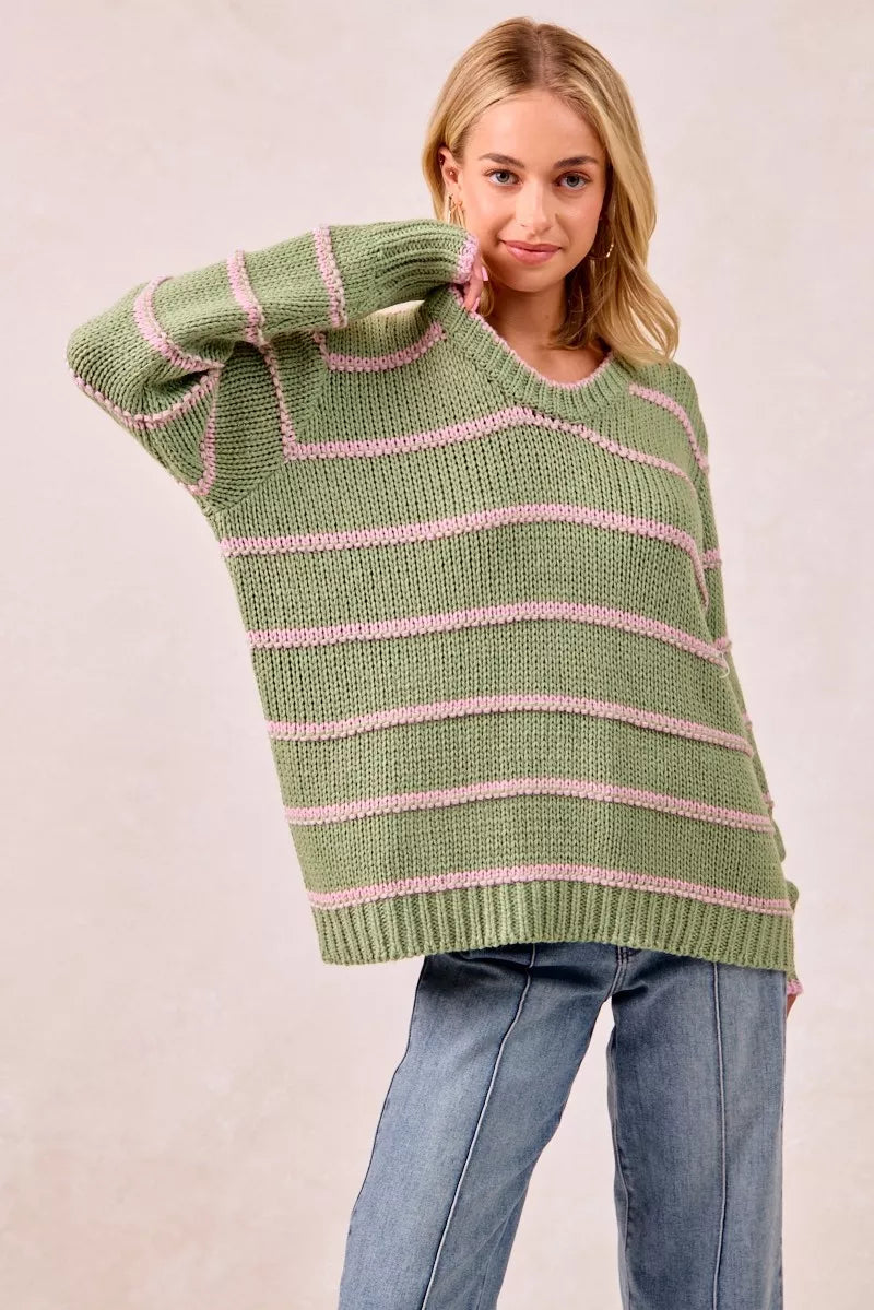 BiBi Womens Sweater Striped Sage Green Long Sleeve Oversized Pullover d65647f9fcce4acc9d5adbf65fad49b3-Max-Origin Trendsi