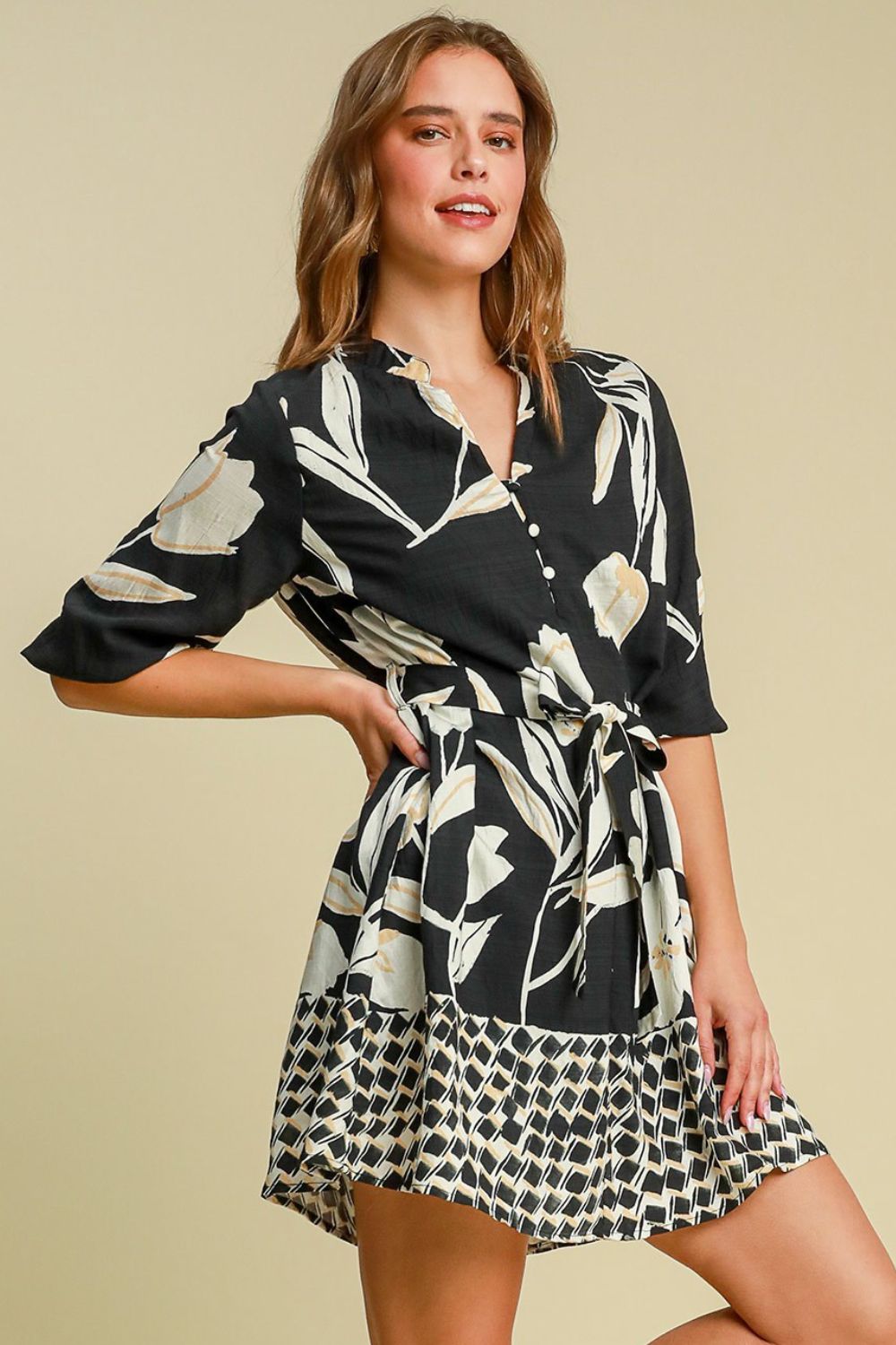 Umgee Mini Dress Black Floral Print Notched Tie Waist Belted Short Sleeve d65681ee-352f-4e97-9557-9b65dfd280cf-Max Trendsi