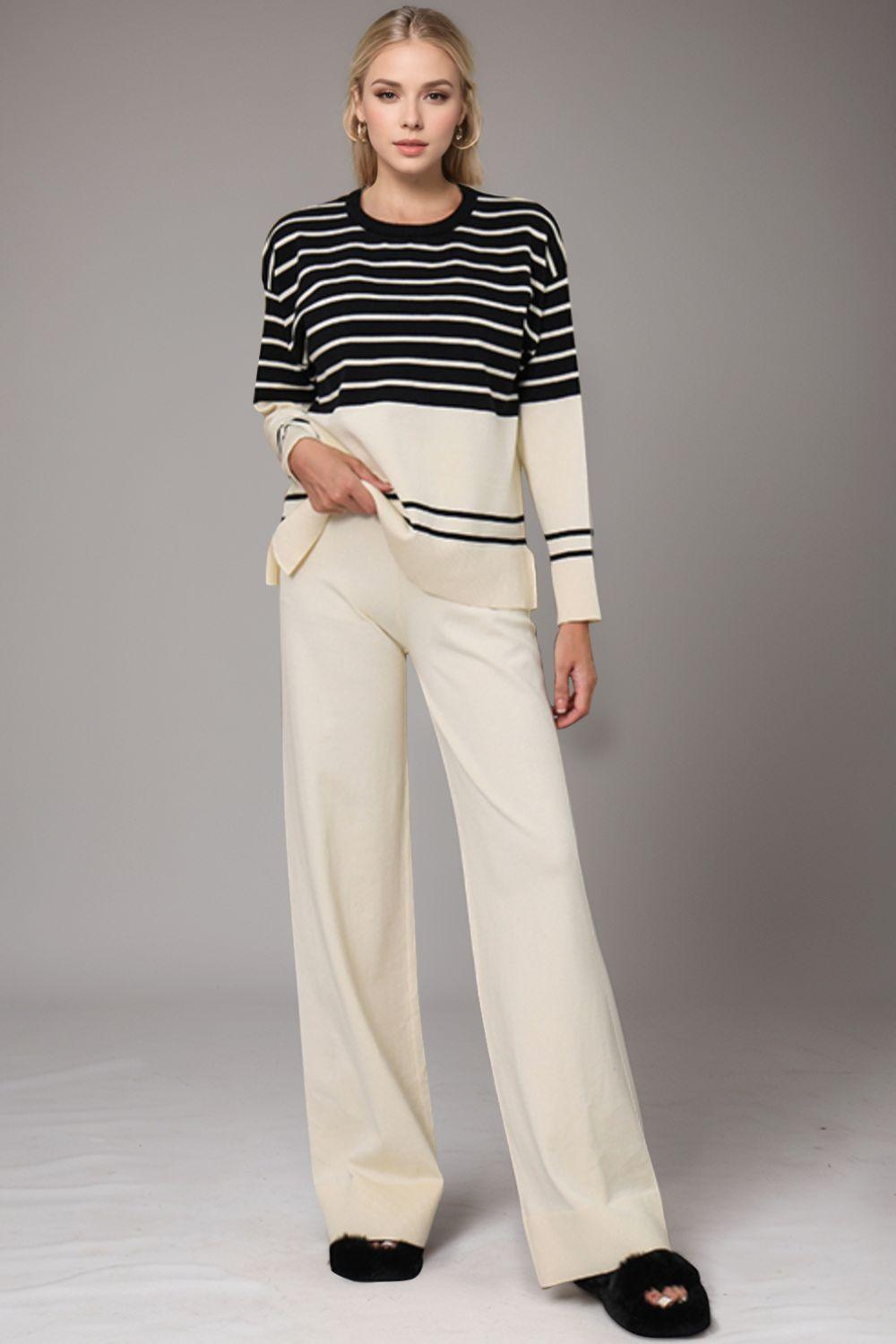 Basic Bae Outfit Sweater Set Striped Round Neck Long Sleeve Top and Pants Set