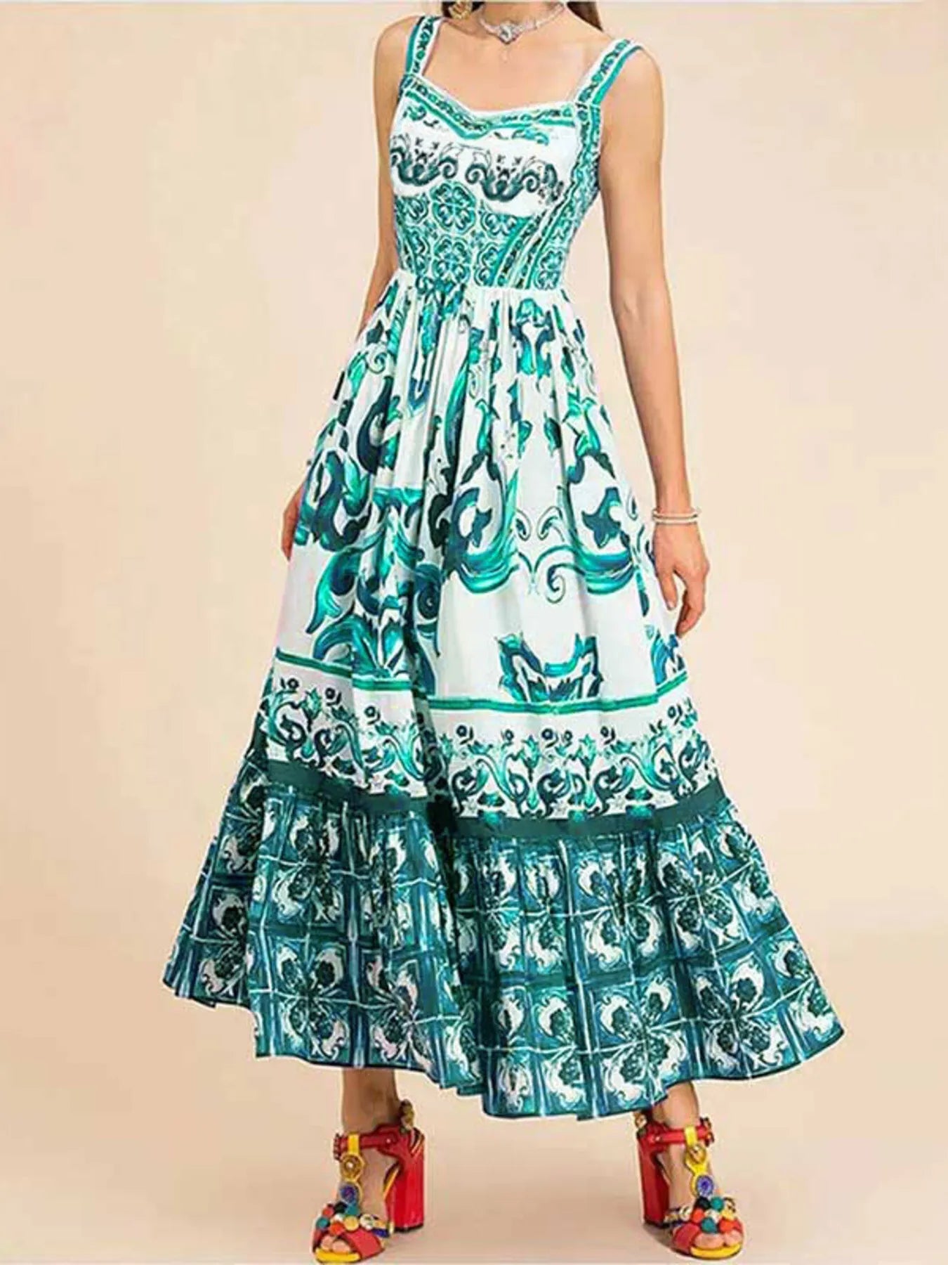 Maxi Cami Dress Printed Sweetheart Neck Ruffled Empire Waist Teal d65a6927c7484f008f835779386b1fb1-Max-Origin Trendsi