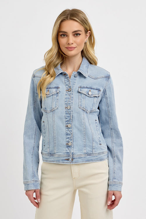 RISEN Light Wash Classic Denim Jacket with Button-Down Front and Relaxed Fit