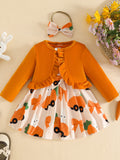 Children's Ruffled Cardigan and Bow Dress Set with Headband