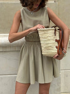 Women's Outfit Set Linen Cotton Round Neck Sleeveless Top and Skirt Set Khaki d66e3ddc-1a73-4e78-9620-bf8814da3759-Max-Origin Trendsi