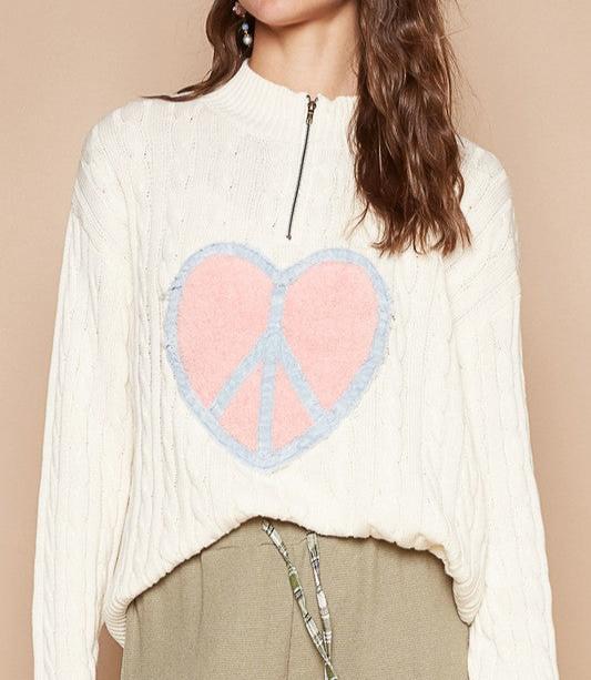 POL Cable-Knit Ivory Sweater Peace Patch Half Zip Mock Neck Long Sleeve Ivory d66f3b35-6774-4a16-88ab-523df65a27f8-Max Trendsi