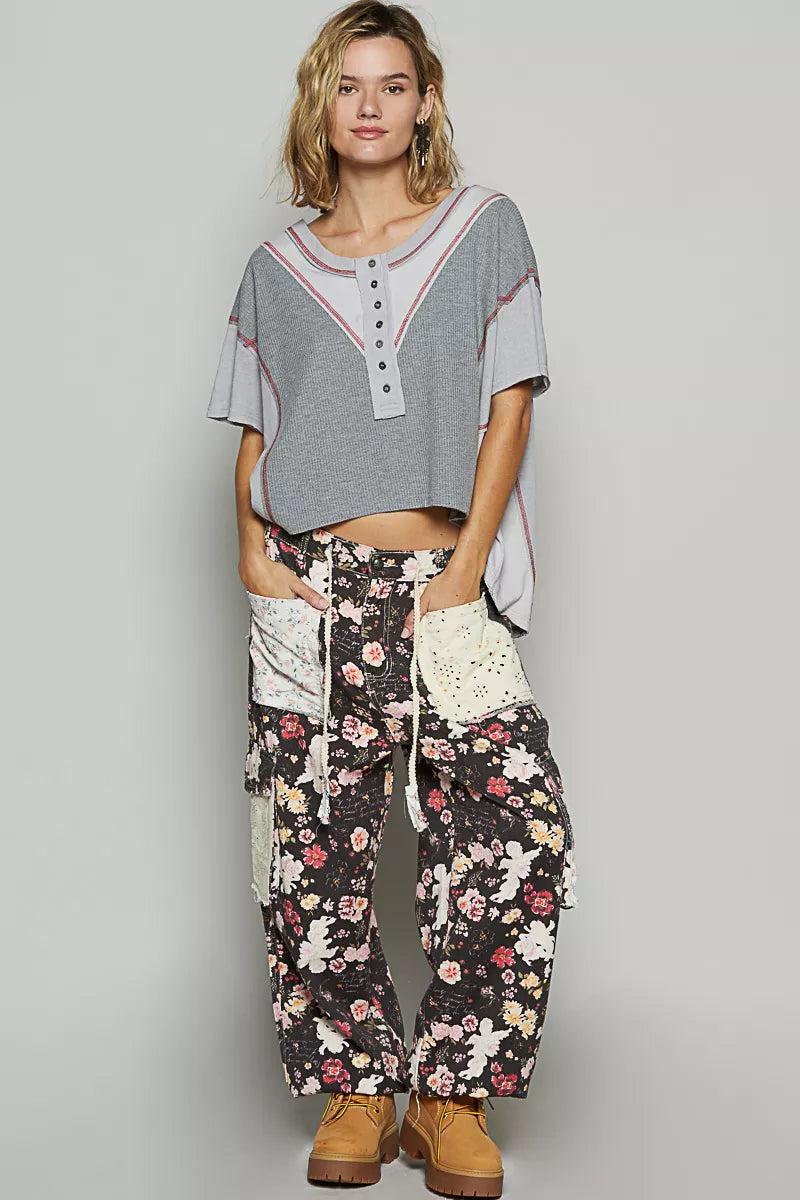 POL Womens T-shirt Gray Short Sleeve Contrast Stitch Top with Back Strap d67981a9-a7ae-4320-978f-3d8a037df5c9-Max-Origin Trendsi