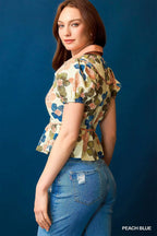 Umgee Cropped Blouse Peach Blue Floral Print Puff Sleeve Buttoned Top d68c94aa-aee3-4620-8431-23e0573796ea-Max-Origin Trendsi