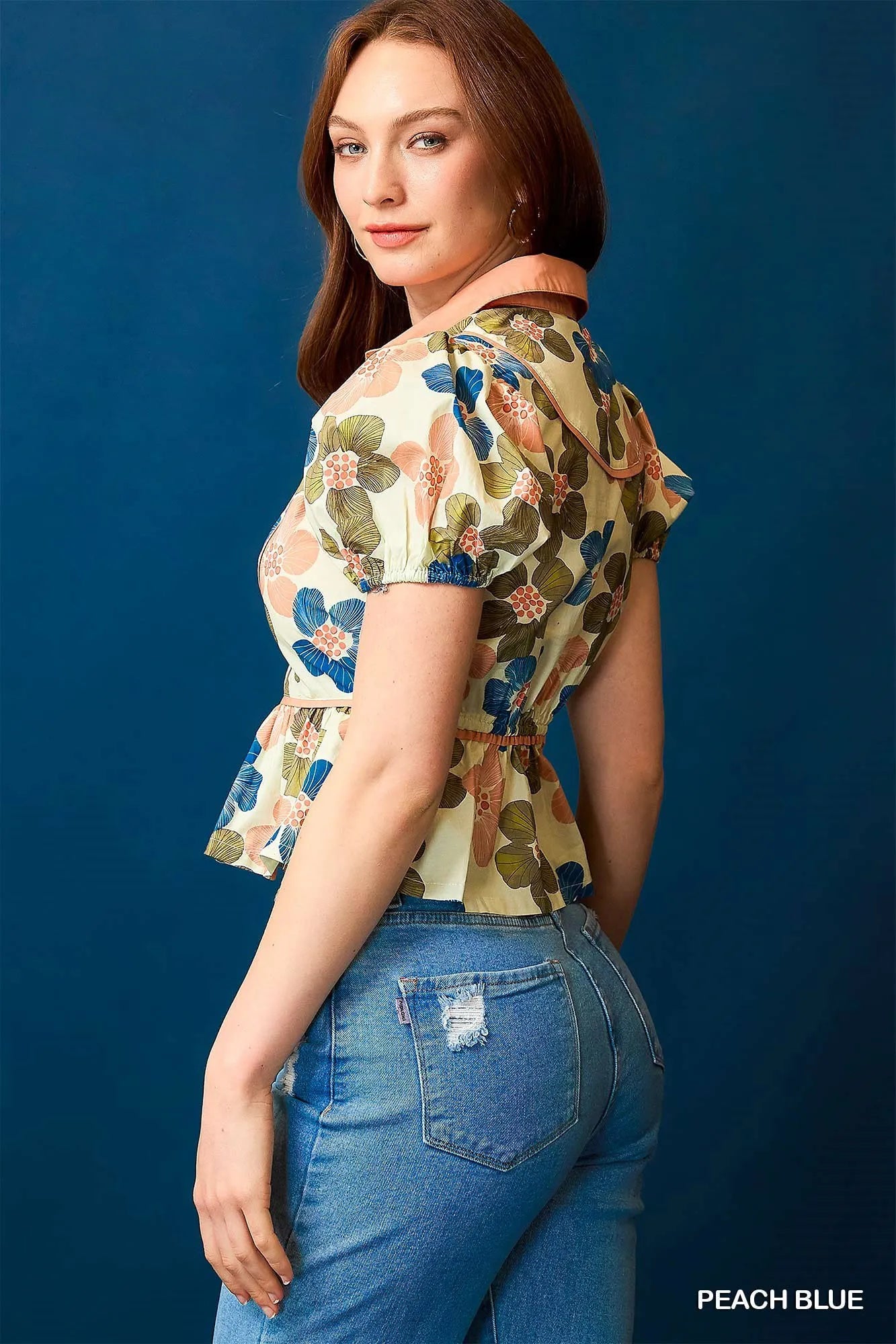 Umgee Cropped Blouse Peach Blue Floral Print Puff Sleeve Buttoned Top d68c94aa-aee3-4620-8431-23e0573796ea-Max-Origin Trendsi