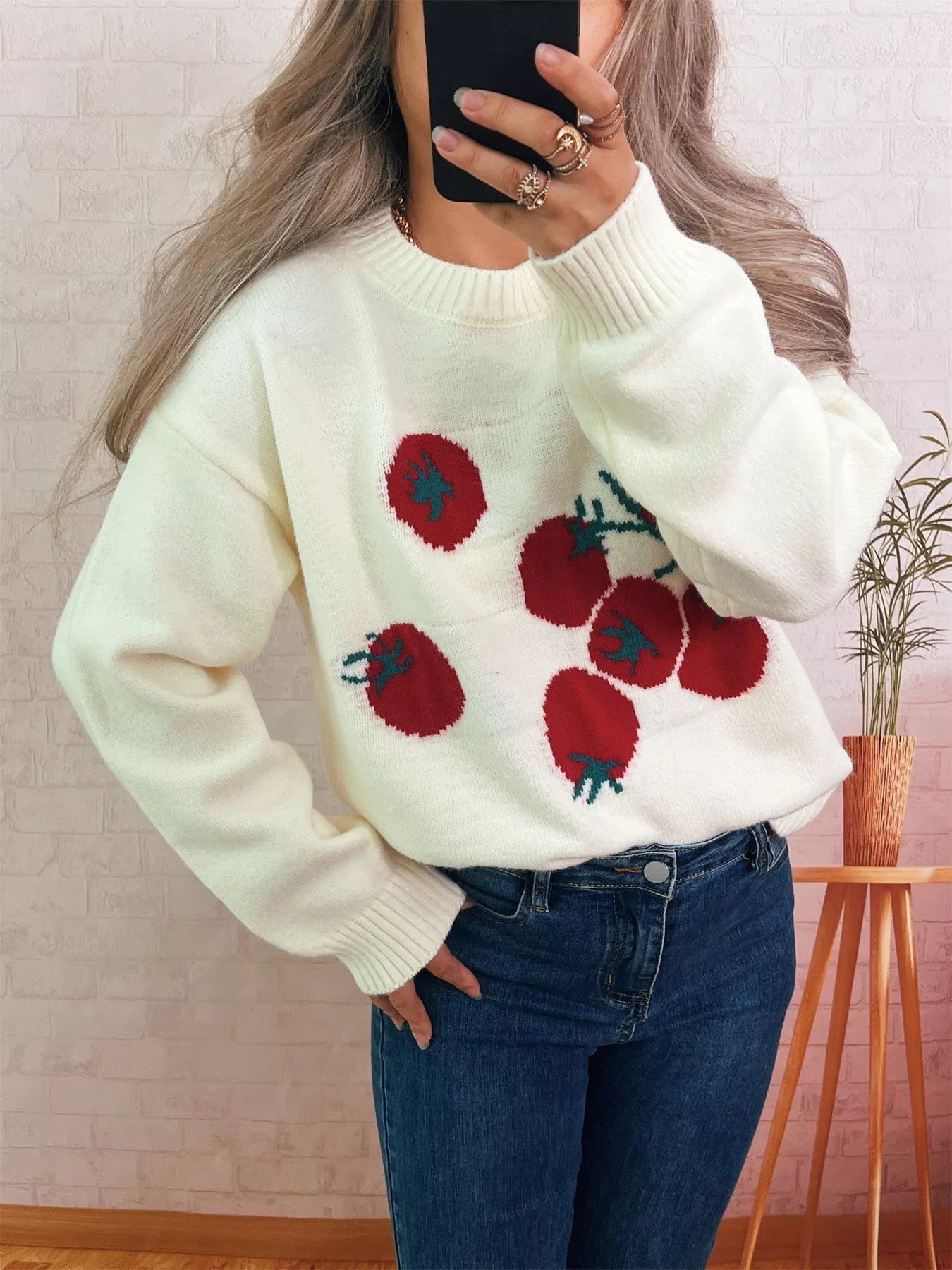 Women's Sweater Persimmon Round Neck Long Sleeve Pullover Gray white One Size d68d1b646e9f4c6496b9b9e1b8b633a1-Max-Origin Trendsi