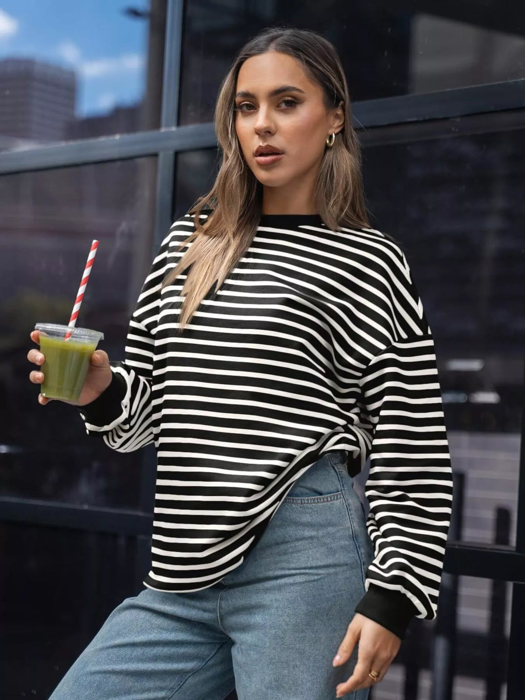 Women's Sweatshirt Striped Round Neck Oversized Casual Pullover Black d6a19c1683a2422a8cbfb79a1401303c-Max-Origin Trendsi