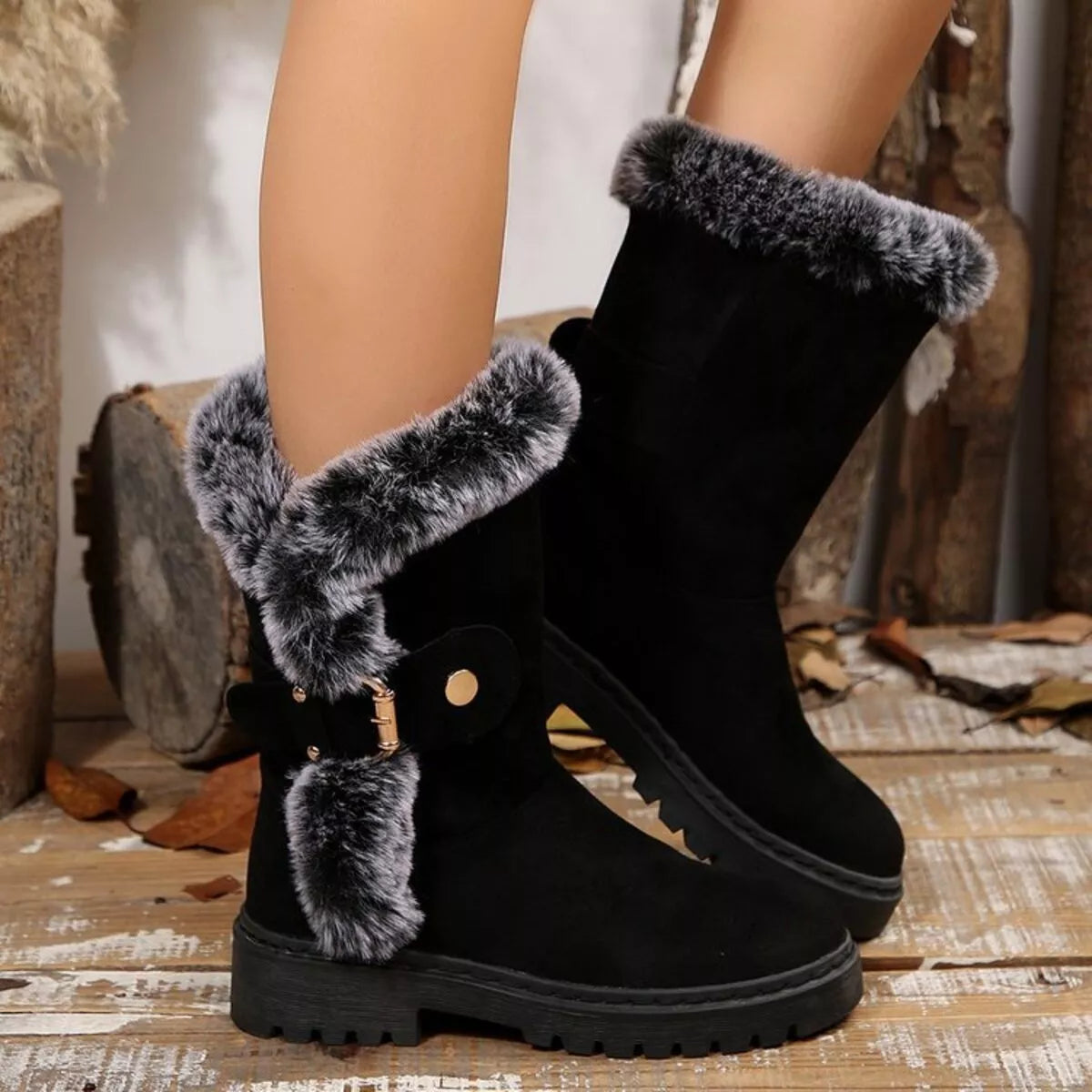 Women's Boots Faux Fur Lined Round Toe Platform Block Mid Heels Shoes d6a2e071cf314114bd43d036a09ad4bb-Max-Origin Trendsi
