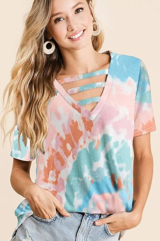 BiBi Tie-Dye Womens T-Shirt V-Neck Cutout Short Sleeve Top PINK MINT d6a417b93afd43de970c1e1f4b0895d9-Max-Origin Trendsi