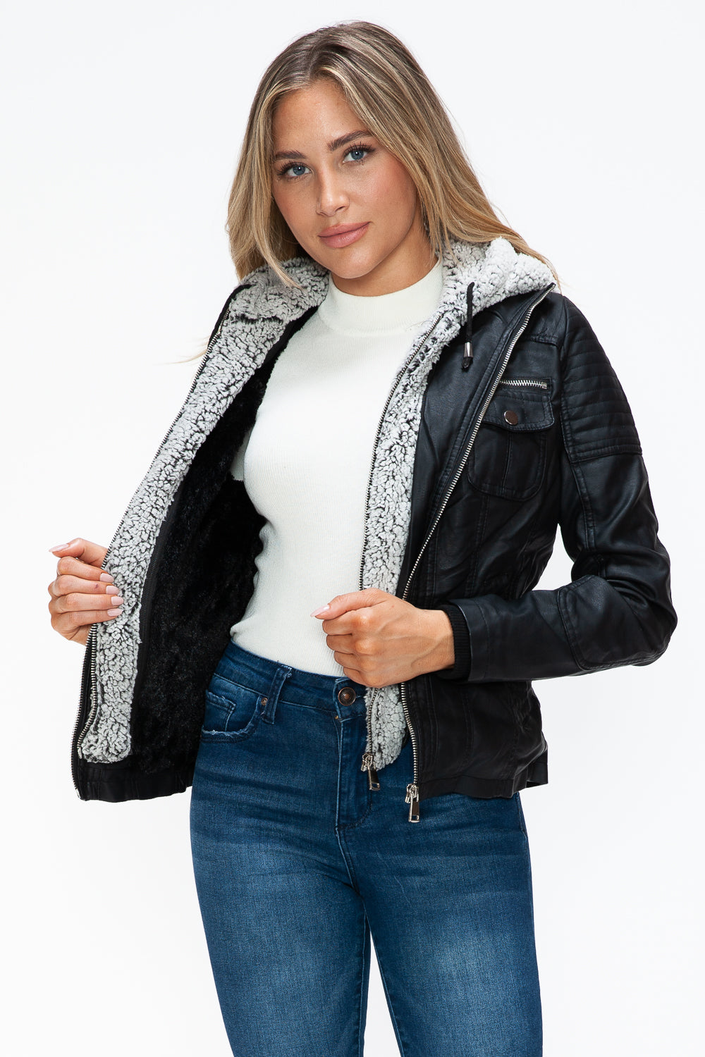 YMI Women Jacket Black Faux Leather Removable Fuzzy Hood Layered Biker