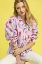Umgee Women's Shirt Floral Blush Pink Lantern Sleeve Ruffle V Neck Top Blush Pink d6a97253-d192-44bf-a875-0e85adb20940-Max-Origin Trendsi