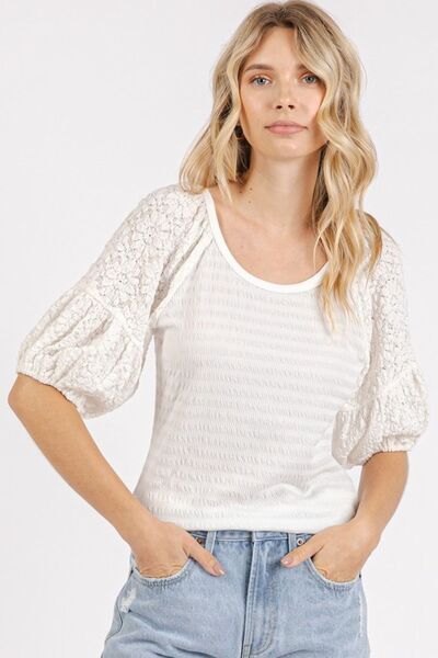 Mittoshop Blouse Off White Mixed Media Textured Knit Popcorn Puff Half Sleeve d6aace18-89c8-488a-84ca-247c318778d5-Min Trendsi