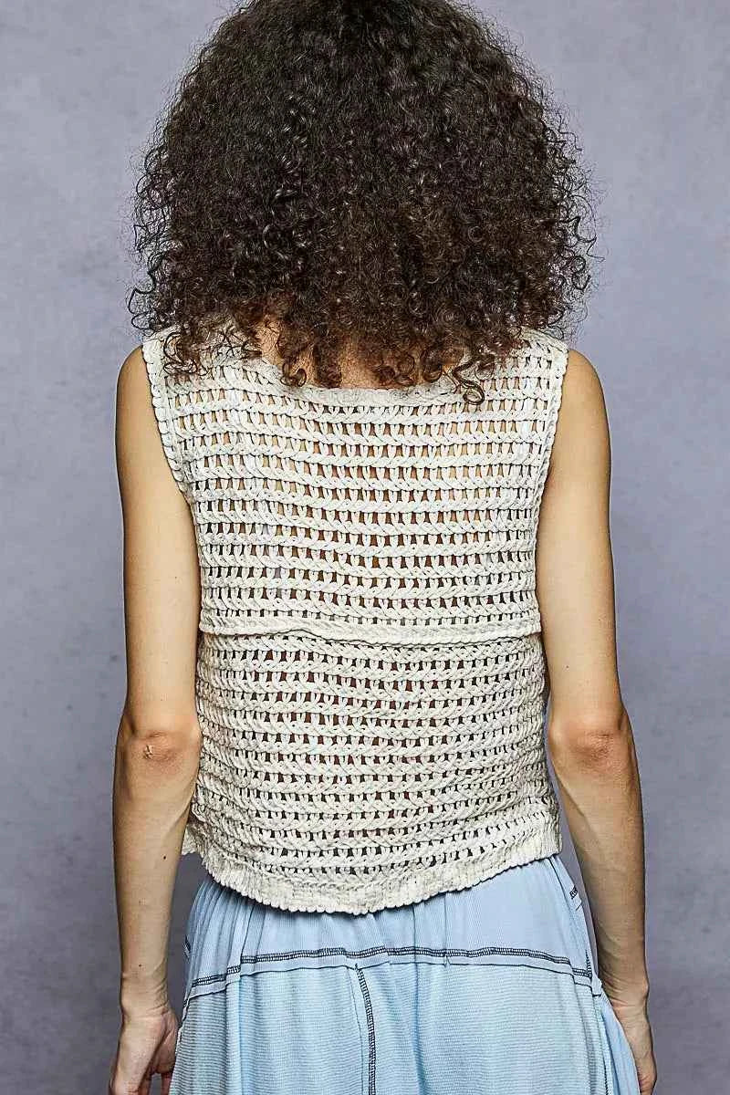 POL Button Down Floral Embroidery Cropped Crochet Vest Top