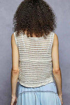 POL Button Down Floral Embroidery Cropped Crochet Vest Top