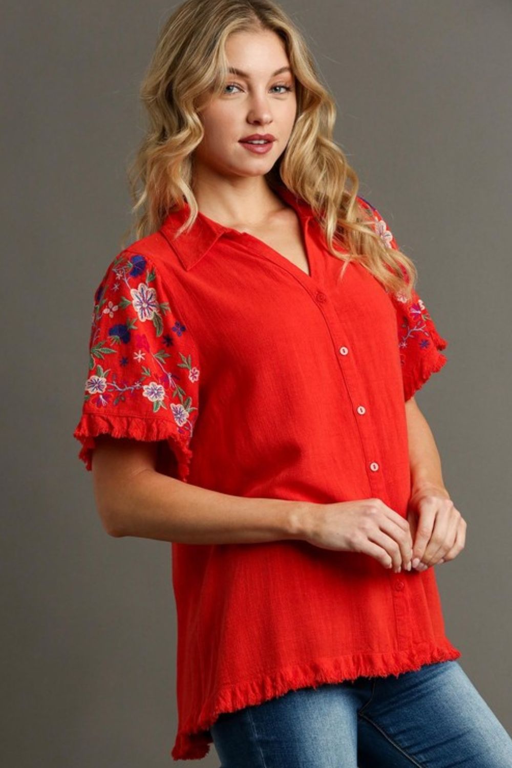 Umgee Shirt Linen Red with Embroidered Short Sleeves Raw Hem Top d6bc5586-4618-4d57-9101-08fc4719331d-Max Trendsi