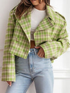 Plaid Cropped Women's Jacket Lapel Collar Single Breasted Long Sleeve Outwear d6be96e0-e4ec-4d1b-96b1-8a4217eaa29d-Min Trendsi