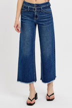 RISEN Women's Jeans Wide Leg Buckle Raw Hem Cropped Dark Washed Basic Style d6cb5b41-f402-4355-af8a-483fbaf0a746-Min Trendsi