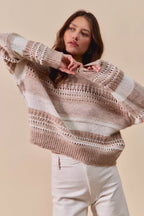 SO ME Womens Sweater Taupe Variegated Stripe Openwor Textured Loose Fit d6d8104f03944402b721f9755e49acb9-Max-Origin Trendsi