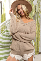 BiBi V-neck Sweater Latte Raw Edged Popcorn Texture Oversized Pullover d6ee3a49eeb041db926b6749596bd42f-Max-Origin Trendsi