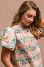 BiBi Blouse Multicolor Ruffle Neckline With Embroidery Bubble Short Sleeve Top d6ef4604f75f4eb7a10e2e034ee6be6e-Max-Origin Trendsi