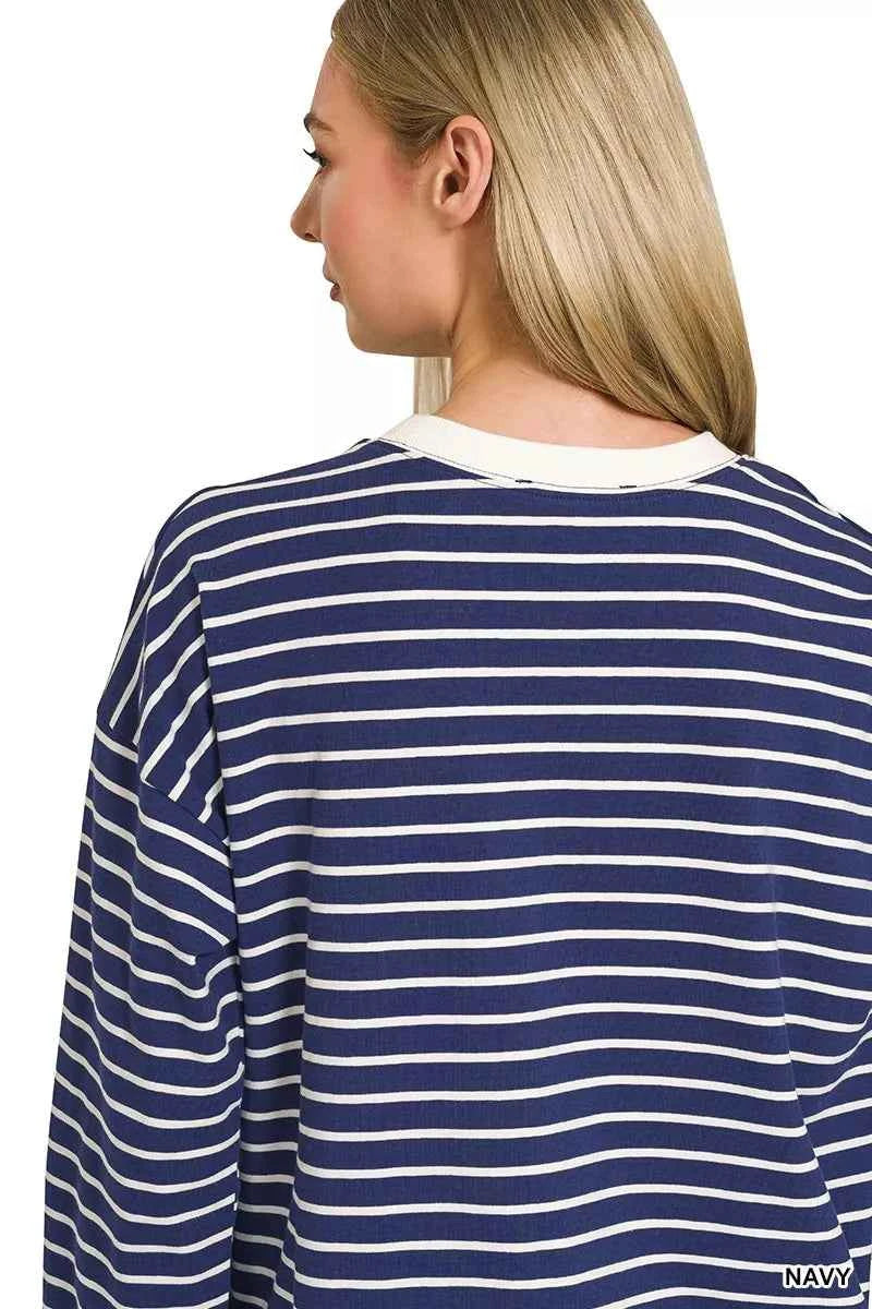 Zenana Contrast Striped Round Neck Sweatshirt