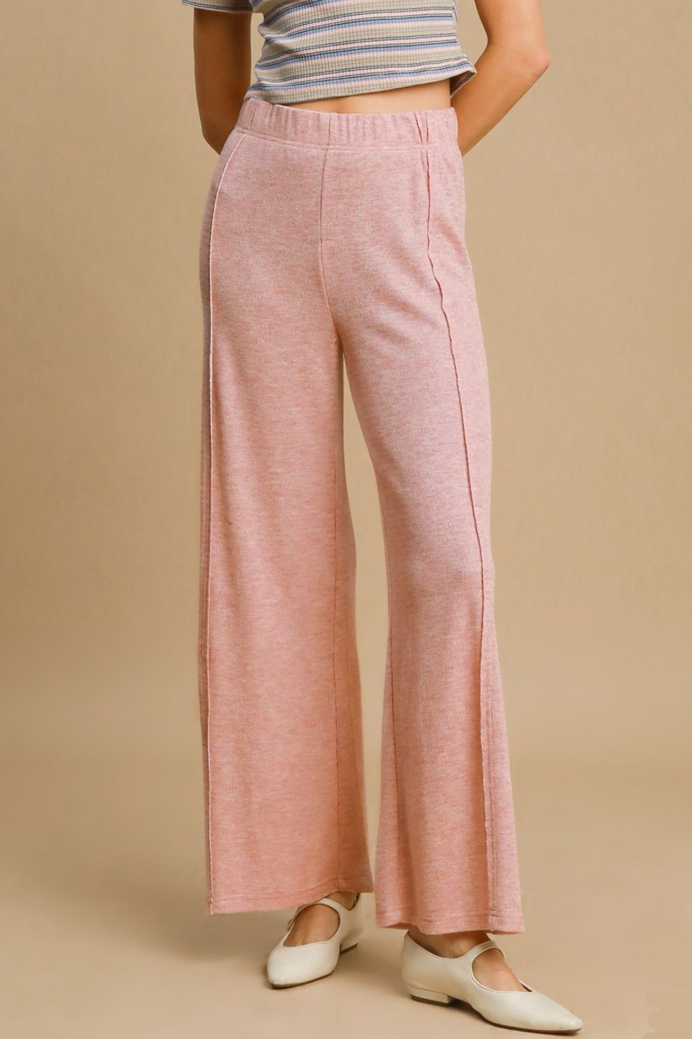 Umgee USA Women Knit Pants Pink Elastic Waist Wide Leg Trousers