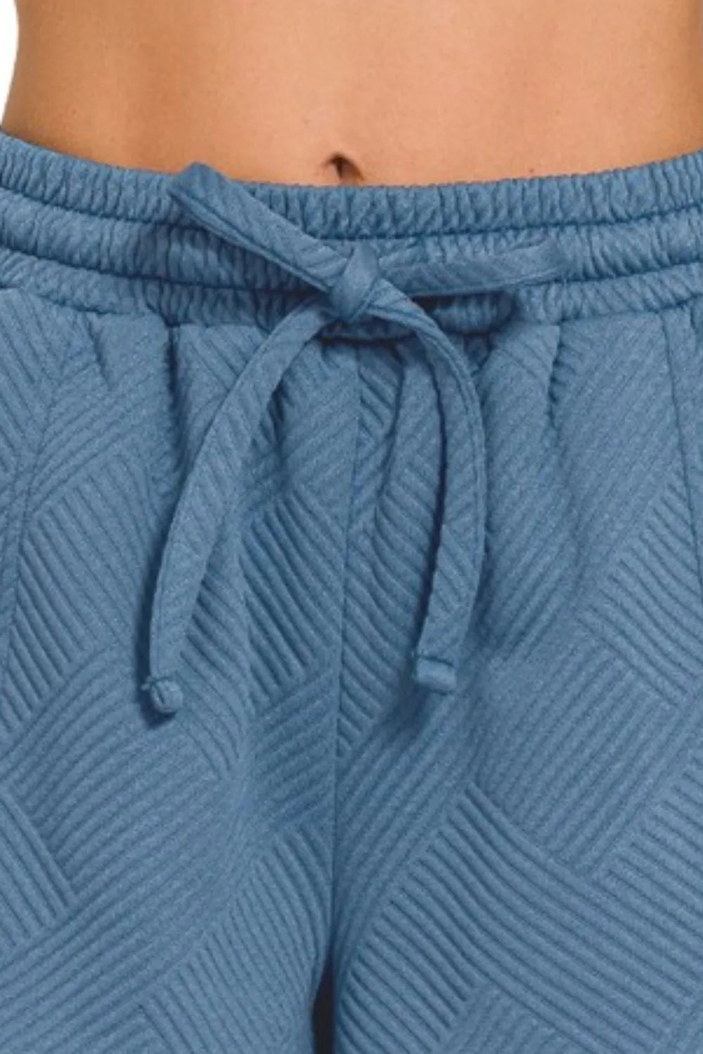 Zenana Shorts Dusty Blue Textured Knit Jacquard Drawstring Pocketed d704c9f0-b9d2-43a5-b5ed-d6e3393bdd53-Max-Origin Trendsi