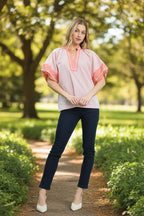 Umgee Blouse Pink Striped Mixed Puff Short Sleeve Top d710f155-b218-41a2-bafb-e5b70e8f552a-Max-Origin Trendsi