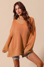 SO ME Womens Sweater Oversized V Neck Camel Orange Two Tone Textured d71275bb6ece487981dd43c35b58d8ff-Max-Origin Trendsi