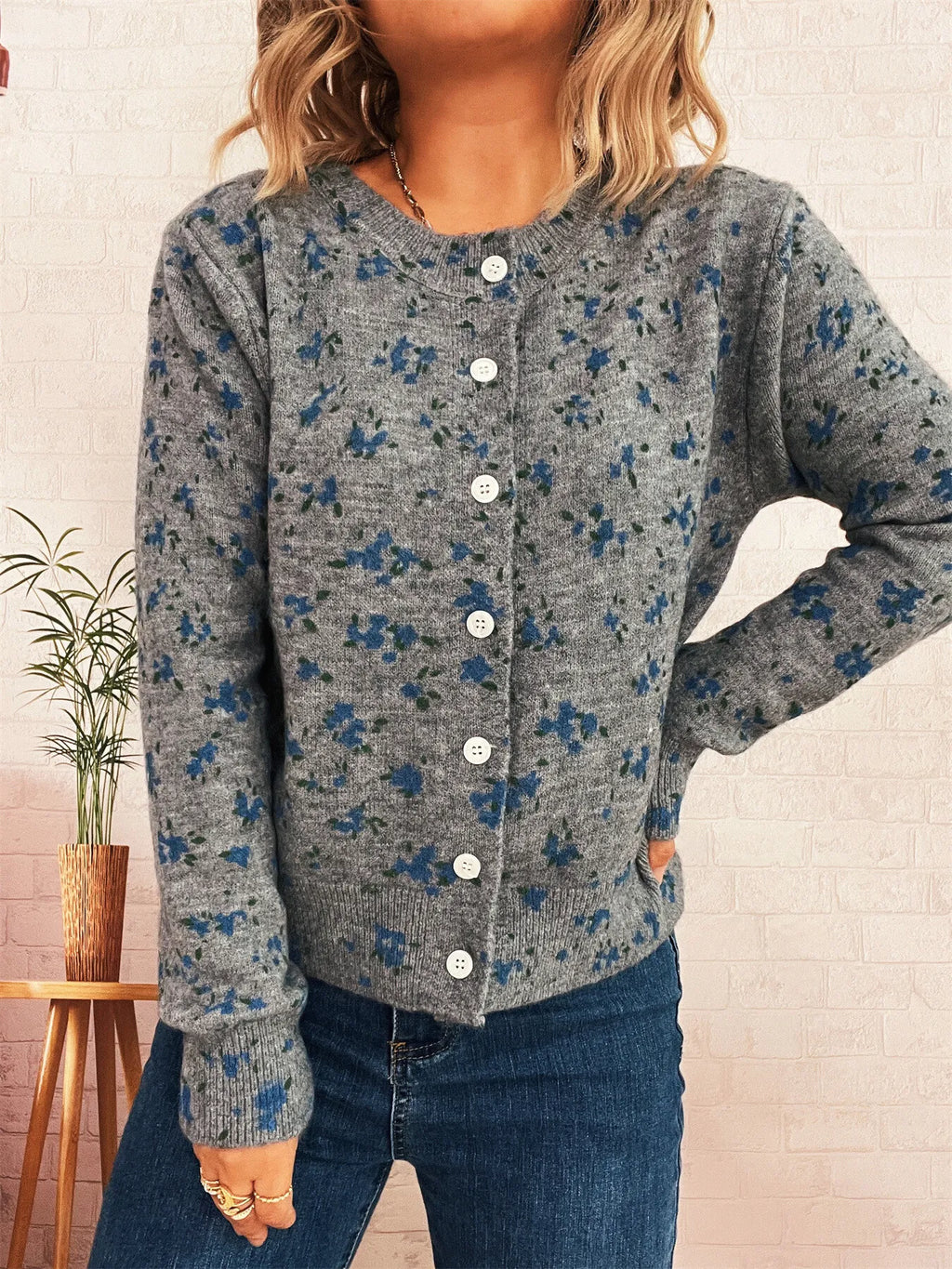 Women's Cardigan Floral Button-Up Long Sleeve Knit Round Neck Dark Gray One Size d7186a896bdd451c9b749d0de17e4f21-Max-Origin Trendsi