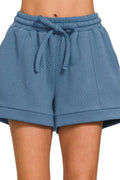 Zenana Shorts Dusty Blue Textured Knit Jacquard Drawstring Pocketed DUSTY BLUE d718b746-6de1-4f01-a069-c4dc38a1268a-Max-Origin Trendsi