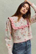 SO ME Womens Sweater Cardigan Beige Pink Flower With Ruffle Detailing d71c84af6cca4e44939462a947439013-Max-Origin Trendsi