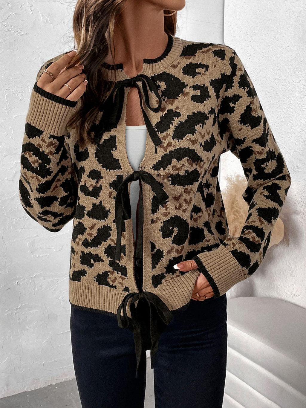 Leopard Cardigan Perfee Bow Tied Closure Long Sleeve Knitwear Tan d71dcaca-2c7e-4d3d-8157-64dda956fe9b-Max Trendsi