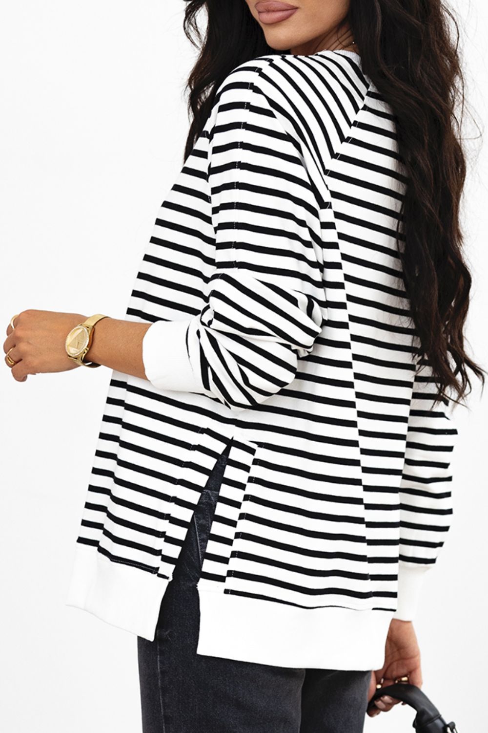 Striped Women Sweatshirt Cotton Side Slit Raglan Long Sleeve Oversized