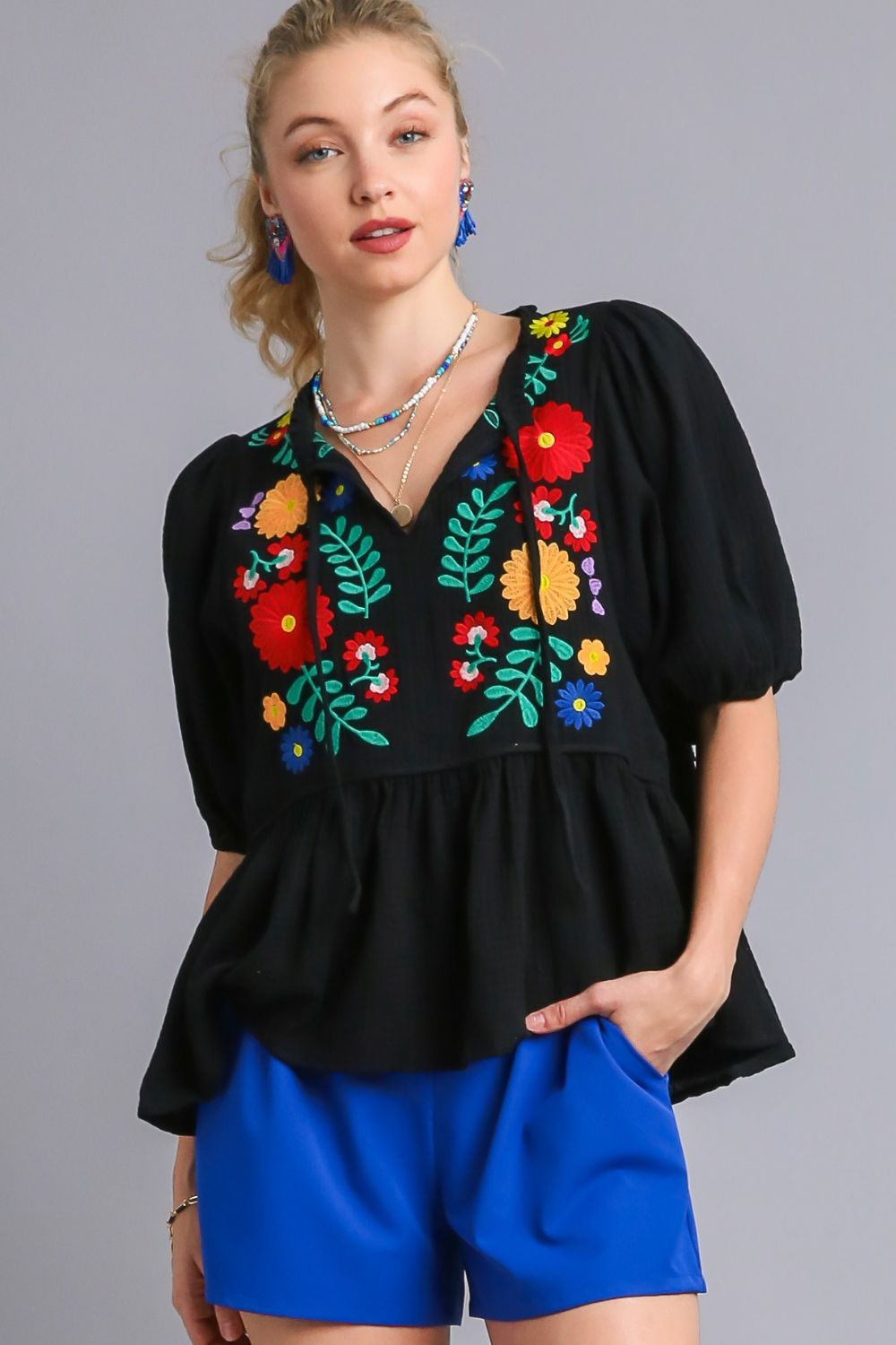 Umgee Babydoll Blouse Black Cotton Gauze Floral Embroidery Short Sleeve Black d7230d75-07c4-401b-ba01-7d1352a96464-Max Trendsi
