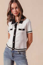 SO ME Sweater Shirt Top Classic Button Up Knitted Short Sleeve Ivory Black d723f60ebfb74d91b8804b399b10b25b-Max-Origin Trendsi
