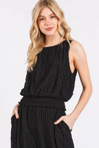 Mittoshop Crop Tank and Pants Set Black Textured Stretchy Ruched Outfit Set d72a63b2704448d4b56f4fa6846c050b-Max-Origin Trendsi