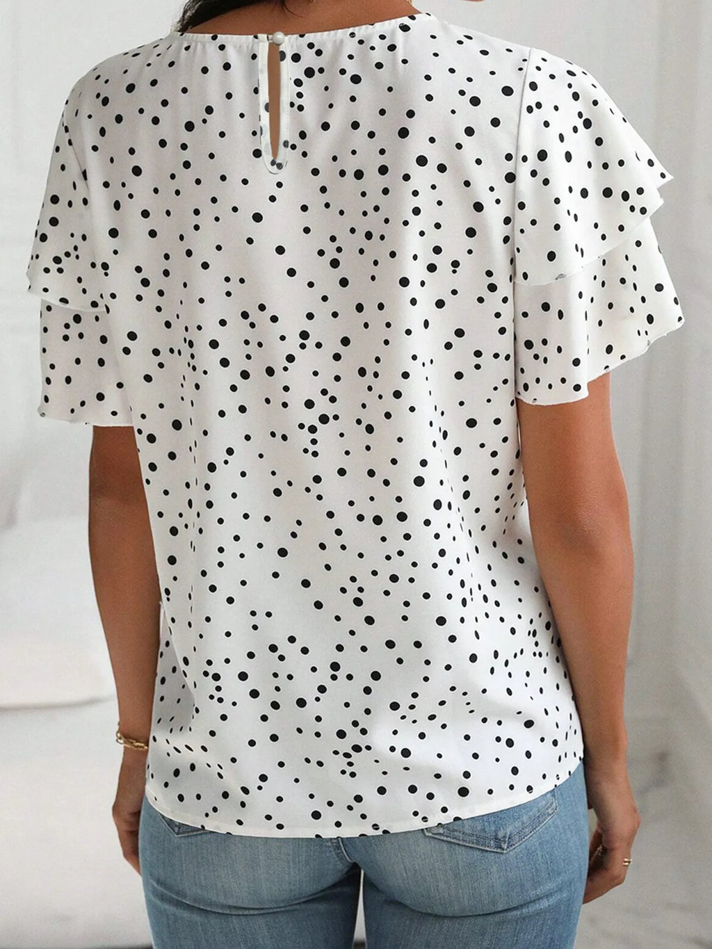 Women's Blouse Polka Dot White Layered Ruffled Short Sleeve Top d72a691dad7249e79344ca64c0e49632-Max-Origin Trendsi