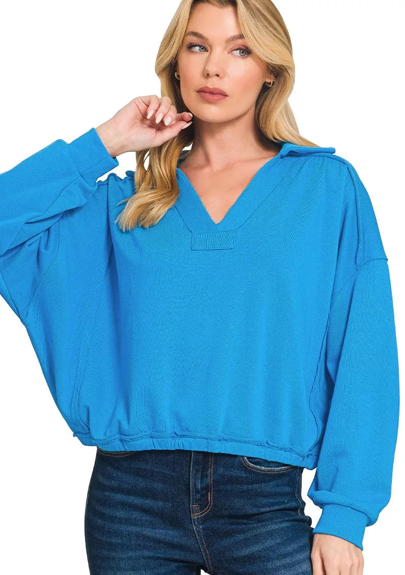 Zenana Women Sweatshirt Sky Blue French Terry Collared Exposed Seam Top DEEP SKY d72c20a41a074f658b4626a888ec33a0-Max-Origin Trendsi