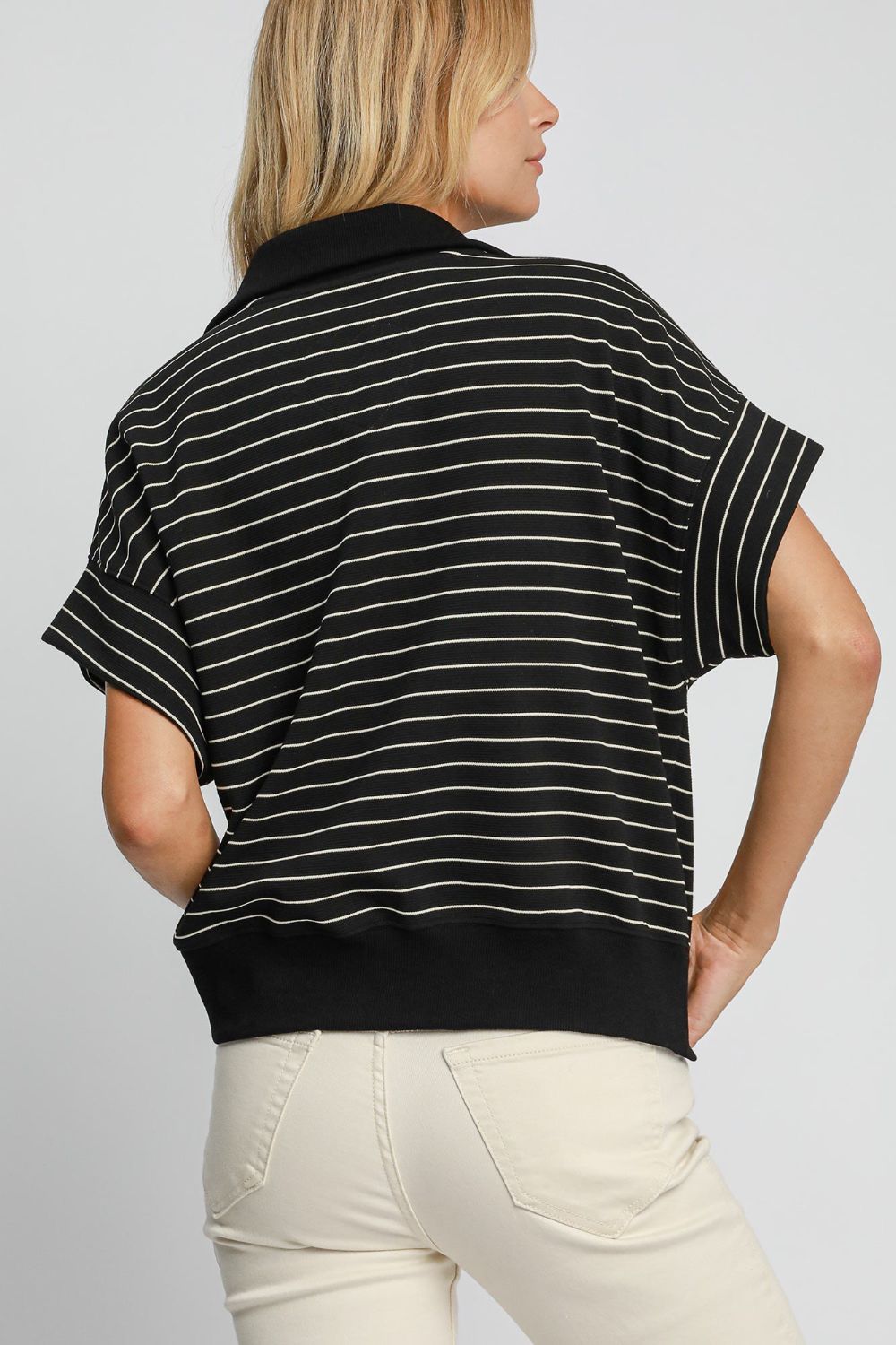 Umgee USA Striped Black Sweatshirt Cotton Blend Half Zip Short Sleeve Collared