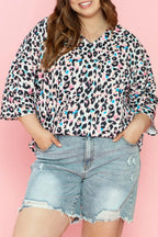 Plus Size Leopard Print V-Neck Three-Quarter Sleeve Blouse