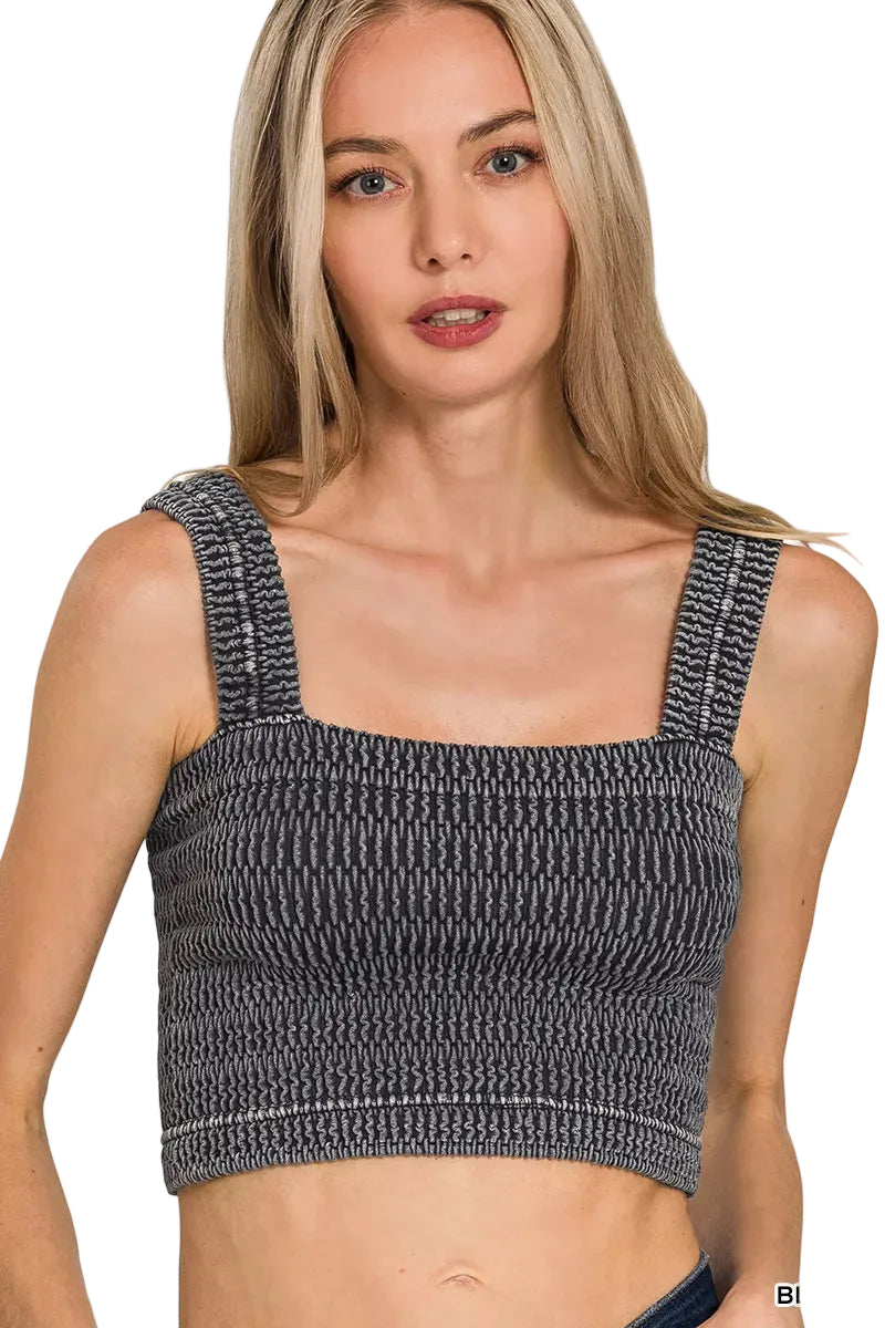 Zenana Seamless Wrinkle Stone Washed Bra Top