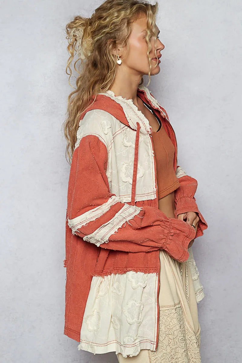 POL Hooded Jacket Orange-Red Color Block Oversized Raw Hem Ruffled