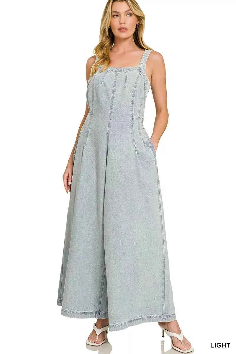 Zenana Denim Overalls Light Washed Wide Leg Cotton Jumpsuit d743e689632c4ebe80ea599955692cfe-Max-Origin Trendsi