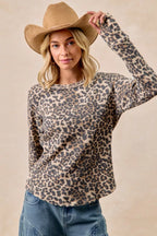 BiBi Womens T-shirt Leopard Print Washed Waffle Thermal Top d74b56cf1617443b9ebb1ac6d878b9b8-Max-Origin Trendsi